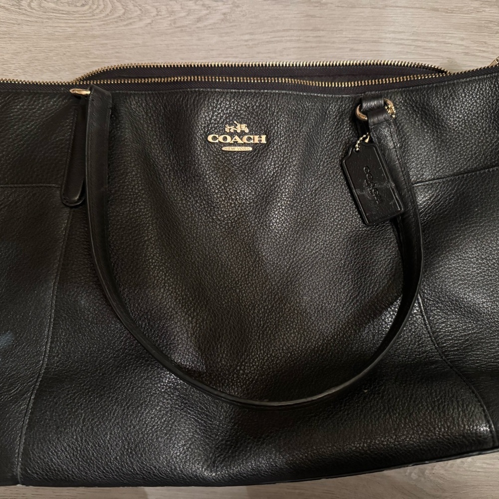 Coach Black Pebbled Leather Zip-Top Tote with Gold Logo